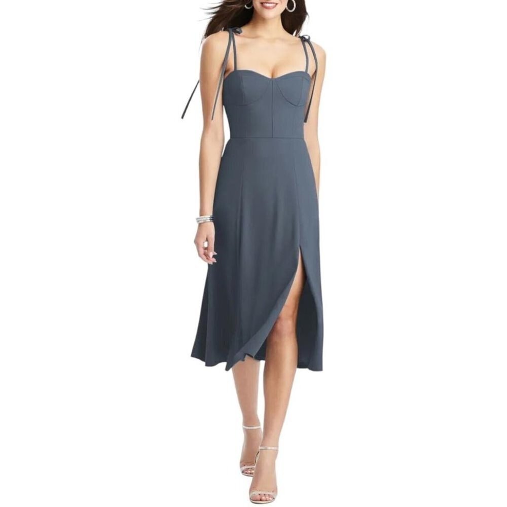 Dessy Collection Womens Size 8 Bustier Bow Strap Midi Cocktail Dress Silverstone
